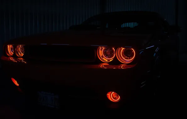 Darkness, lights, red, dodge challenger, the front