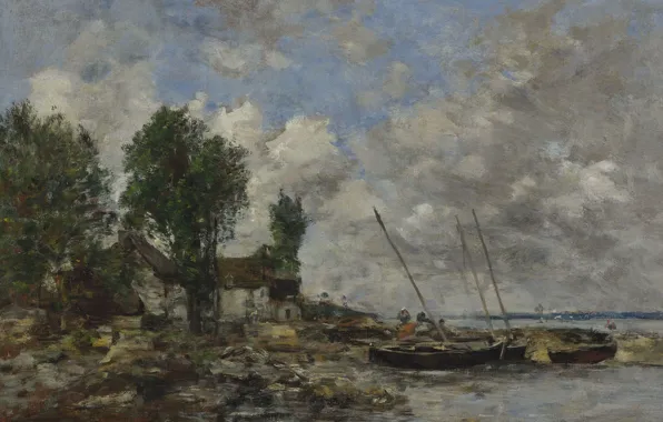 Clouds, landscape, house, boat, picture, Eugene Boudin, Eugene Boudin, River in Plougastel