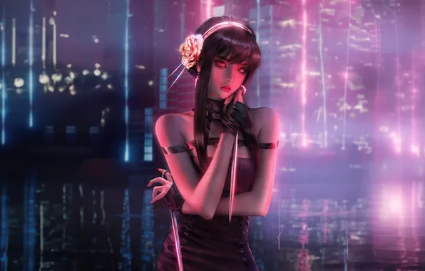 Water, girl, skyscrapers, neon, brunette, night city, Spy Family, The York counterfeiter from the Spy …