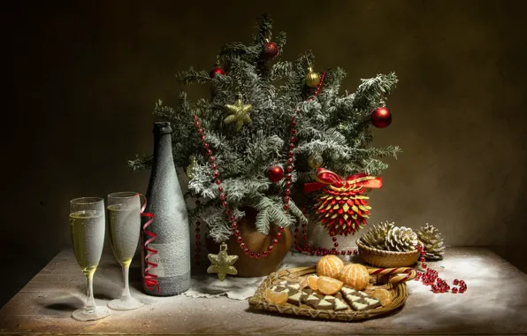 Picture decoration, branches, holiday, toys, bottle, new year, chocolate, spruce