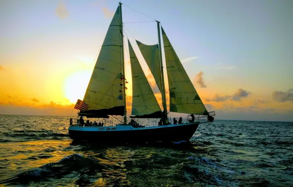The sun, the way, movement, the ocean, ship, the evening, yacht, sails