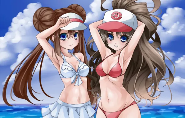 Sexy, cleavage, long hair, sea, girls, brown hair, boobs, anime