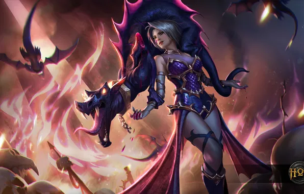 Chest, girl, fire, dragon, dress, skull, heroes of newerth, Calamity