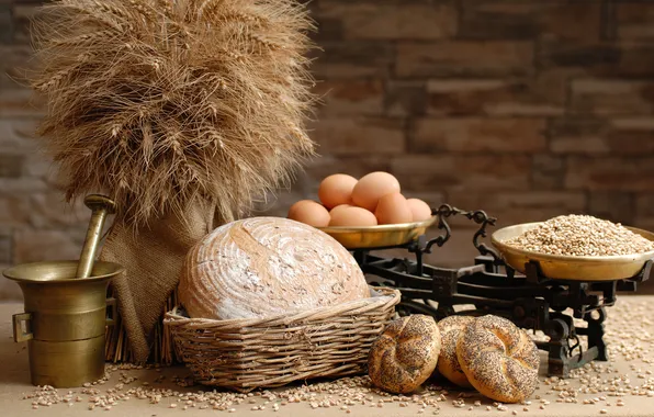 Grain, eggs, bread, Libra, flour, buns, mortar