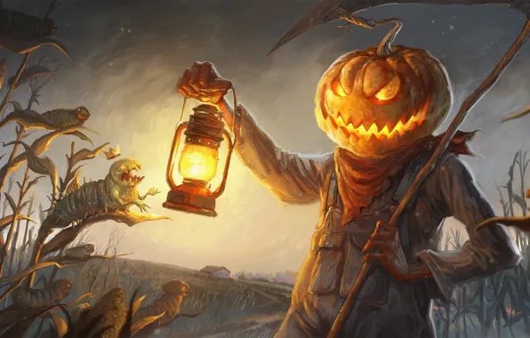 Field, night, caterpillar, monster, fantasy, by Samuel Fernandez, Jack 's Lamp
