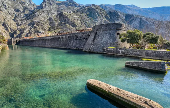 The sun, trees, mountains, wall, fortress, pond, Montenegro, Kotor