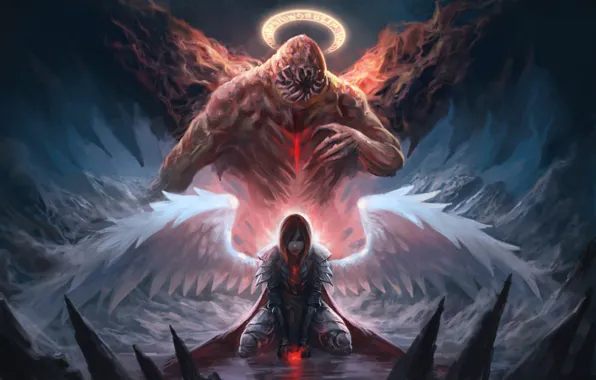 Girl, wings, monster, angel, creatures, halo
