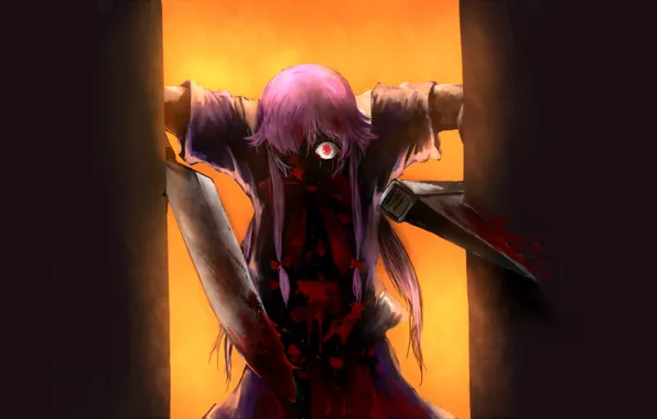 Picture monster, knife, horror, madness, Mirai Nikki, Future diary, burning eyes, blood spatter