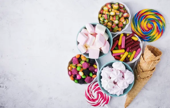 Picture sweets, lollipops, marshmallows, yeast