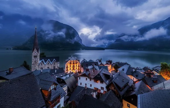 Mountains, the city, building, home, Austria, pond, Hallstatt