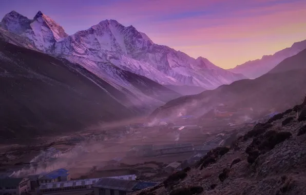 Mountains, fog, rocks, height, home, houses, twilight, settlement