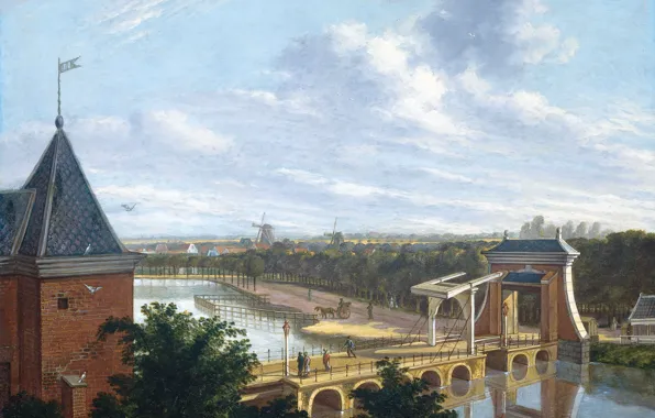 Picture oil, picture, the urban landscape, Johannes Jelgerhuis, View of Leiden from the Port Theatre