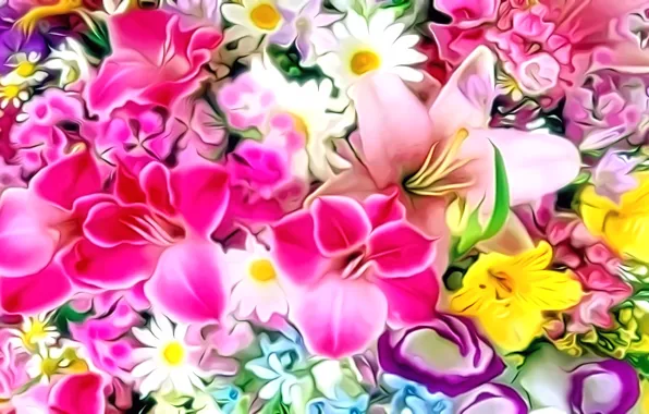 Flowers, rendering, figure, bouquet, petals, picture, flower cuts