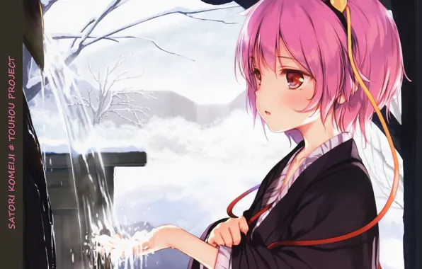Snow, Japan, yukata, red eyes, source, bezel, pink hair, winter landscape