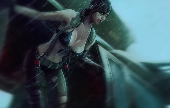Picture chest, girl, rain, art, helicopter, sniper, metal gear solid, konami