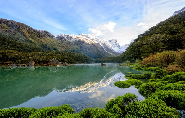Trees, mountains, lake, stones, New Zealand, gorge, Lake Mackenzie