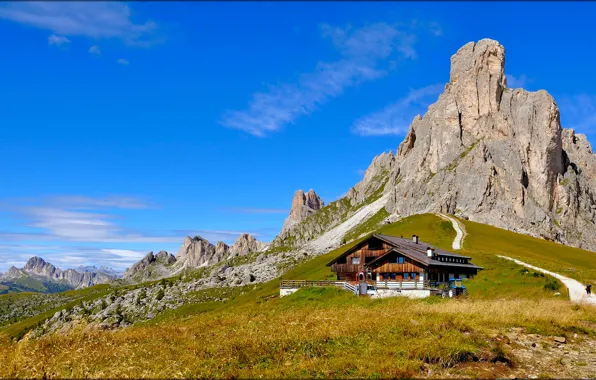 The sky, mountains, house, Italy, The Dolomites, The National park of the Belluno Dolomites