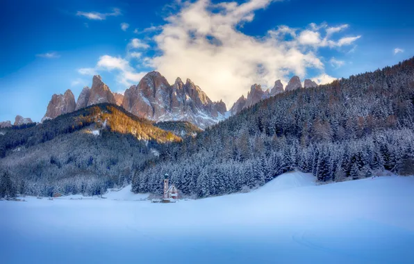 Picture winter, forest, snow, mountains, Italy, Church, Italy, The Dolomites