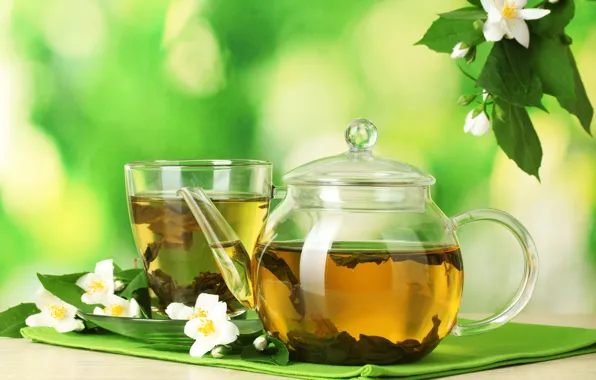 Flowers, tea, Cup, drink, saucer, leaves, teapot