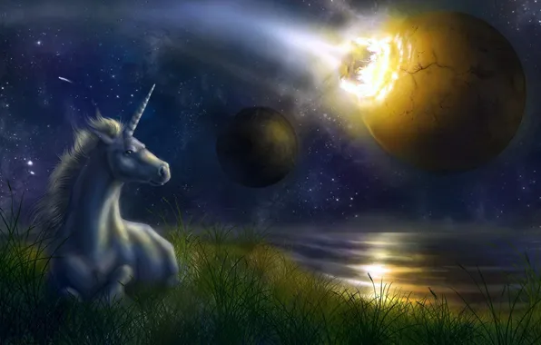 Picture sea, the sky, grass, stars, planet, unicorn