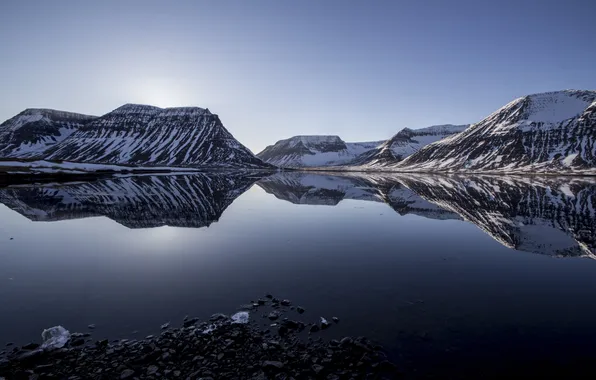 Picture snow, mountains, lake, reflection, tops, ridge