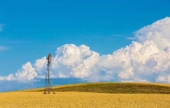 The sky, water, clouds, field, windmill, farm, pump