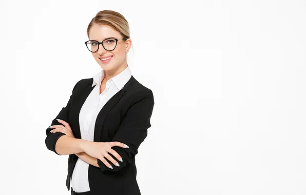 Girl, pose, smile, portrait, glasses, blonde, costume, white background