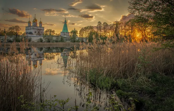 Picture landscape, sunset, nature, pond, village, Elena Guseva, Teryaevo, Spaso-Prilutsky Monastery