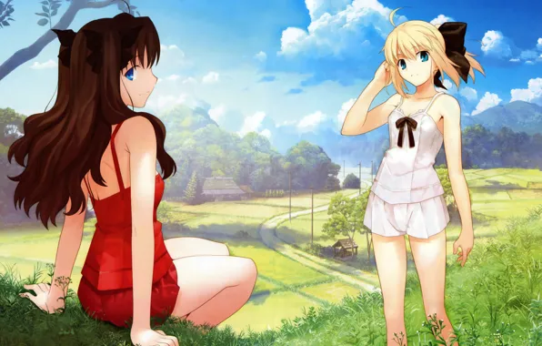 Road, landscape, hills, girls, home, fate stay night, saber lily, tohsaka Rin