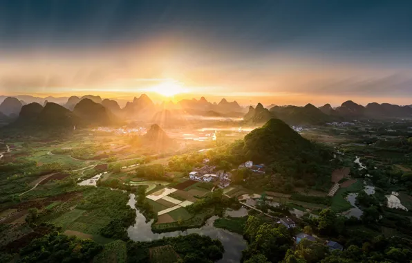 The sky, the sun, mountains, fog, river, dawn, hills, morning