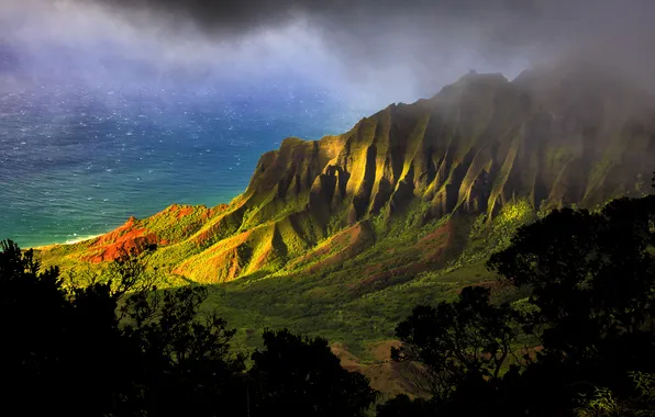Sea, light, mountains, fog, rocks, slope, lighting, haze