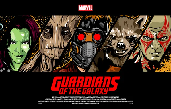 Rocket, Star-Lord, Guardians of the Galaxy, Gamora, Groot, Drax
