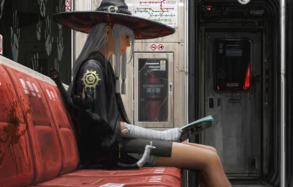 Cat, girl, train, witch, journal, guweiz, handprints