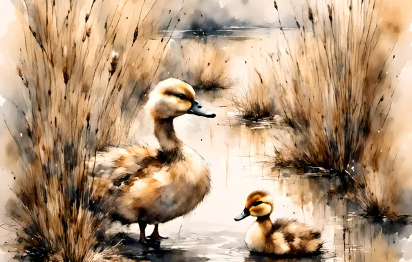 Grass, birds, pond, shore, duck, mom, duck, chick