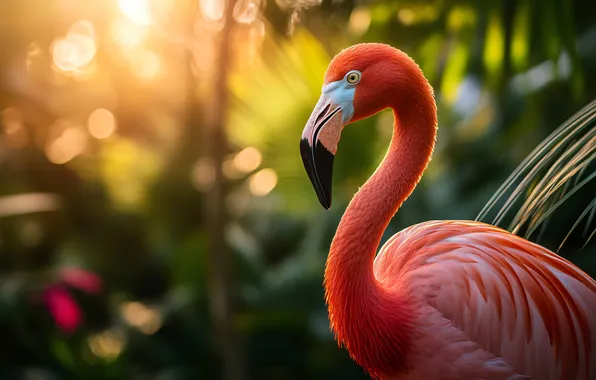 Look, leaves, light, nature, bird, Flamingo, neck, bokeh