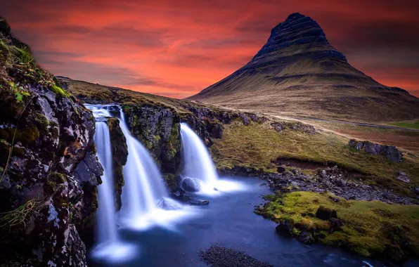 Picture mountains, waterfall, Iceland, Kirkjufellsfoss