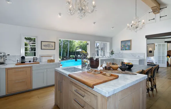 Kitchen, chandelier, mansion, luxury