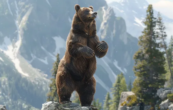 Picture Mountains, Trees, Bear, Predator, Digital art, Brown bear, AI art, The Art of Artificial Intelligence