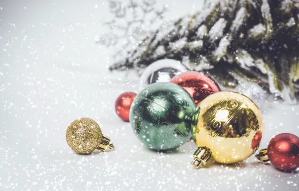 Snow, decoration, balls, New Year, Christmas, Christmas, balls, snow