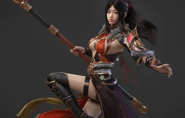 Picture dress, ponytail, women, warrior, CGI, staff, simple background, red clothing
