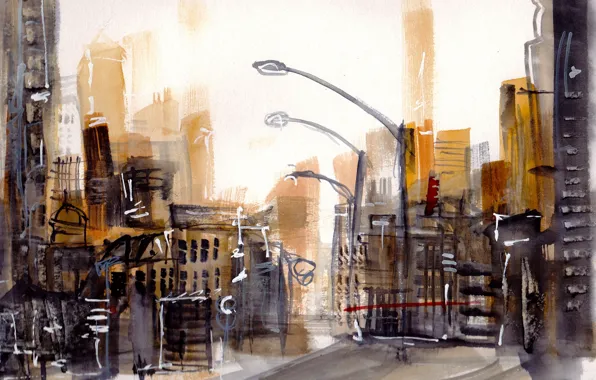 Picture the city, street, watercolor