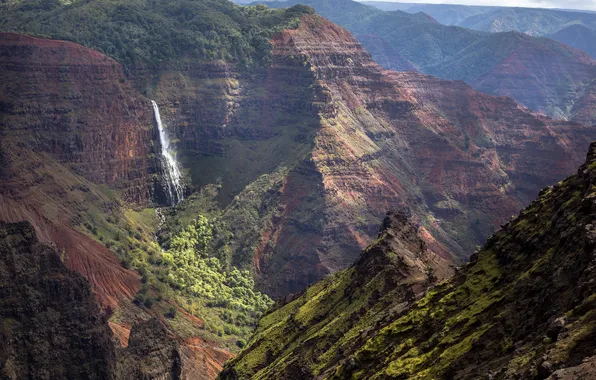 Mountains, nature, waterfall, Kauai, Kauai