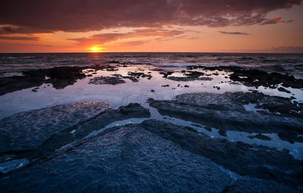 Sea, water, sunset, stones, puddles