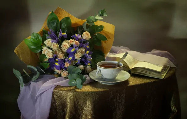 Picture winter, flowers, tea, roses, bouquet, still life, porcelain, iris