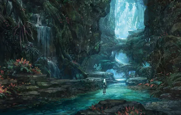 Girl, trees, flowers, river, waterfall, jungle, concept art