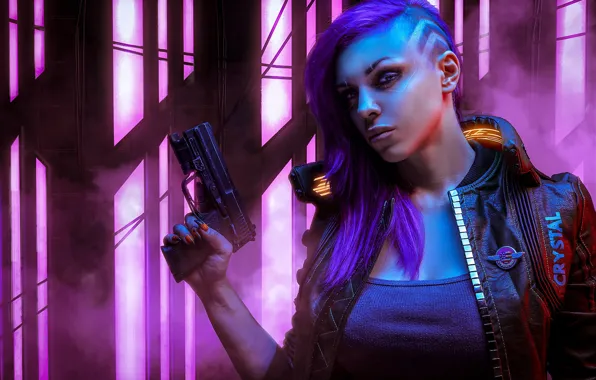 Girl, The game, Gun, Face, Weapons, Art, Cyborg, CD Projekt RED