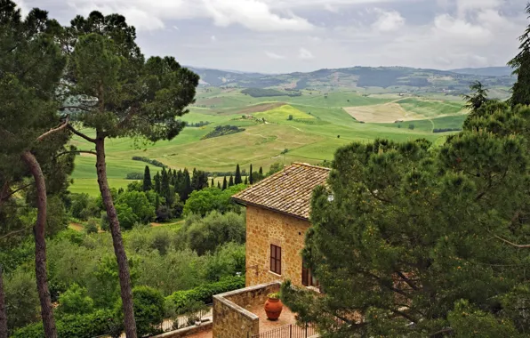 Picture the sky, trees, house, hills, Italy