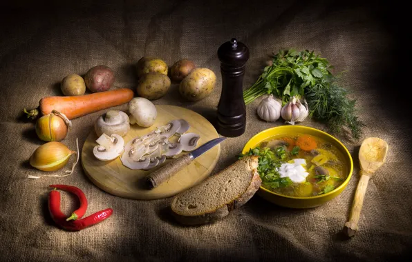 Greens, mushrooms, bow, bread, soup, knife, pepper, bowl
