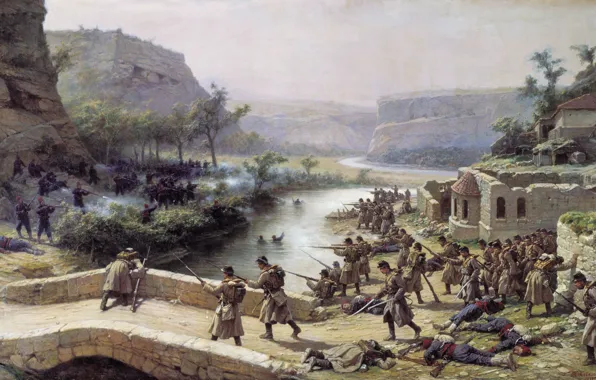 Picture bridge, oil, the battle, Canvas, Pavel KOVALEVSKY, Battle of the Ivanovo-Chiflik 2 Oct 1877