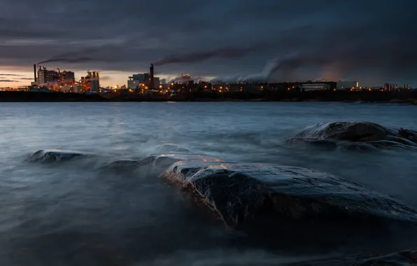 Picture lights, lake, smoke, Sweden, Vänern, chemical factory, the town of Skoghall, David Olsson Photography
